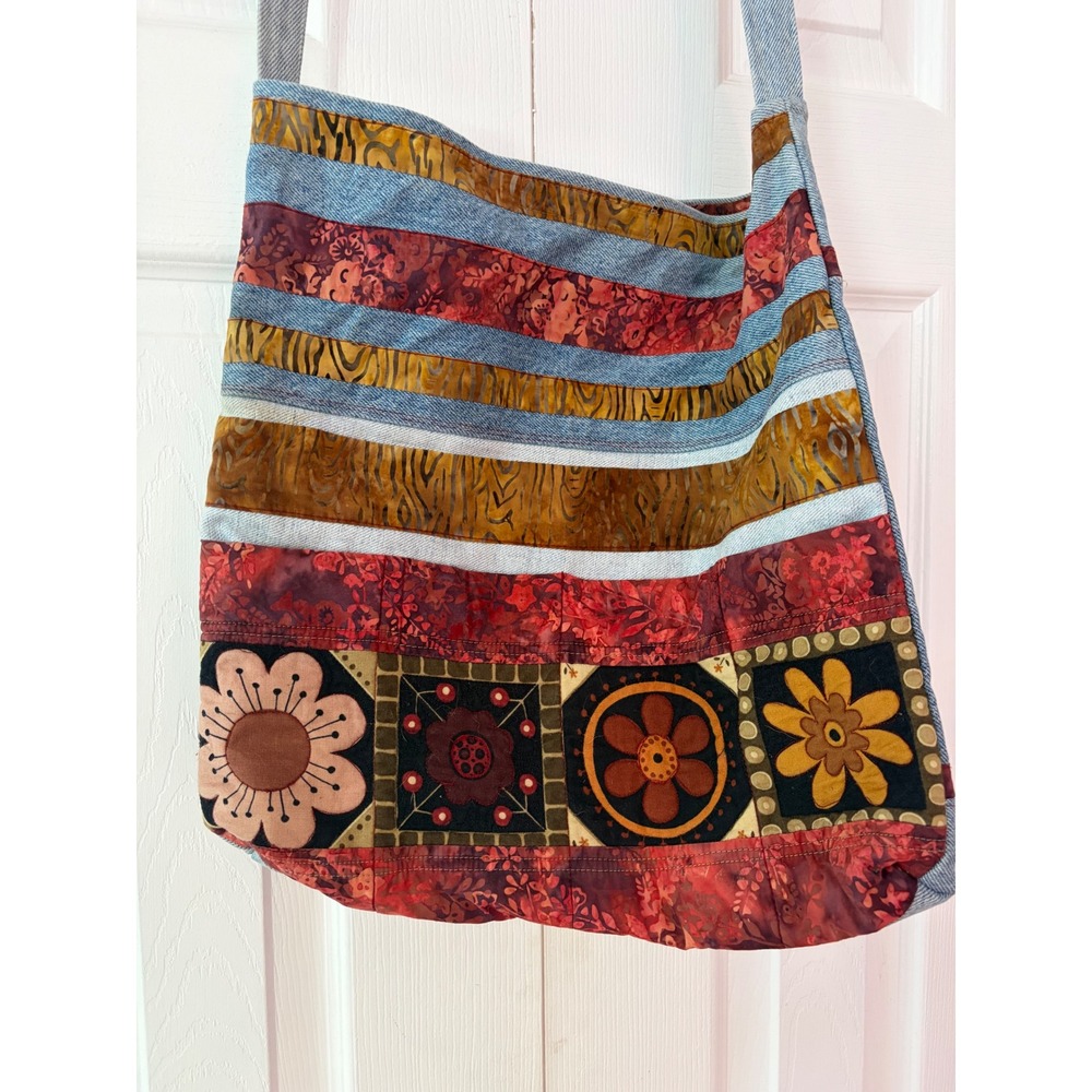 Handmade Upcycled Levi's Denim Patchwork Crossbody Bag Batik Floral Boho Tote